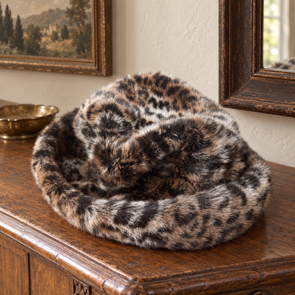 Preston & York Leopard Print Faux Fur Bucket Hat Vintage